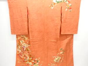アンティーク 紋錦紗鼓に草花模様刺繍一ツ紋着物